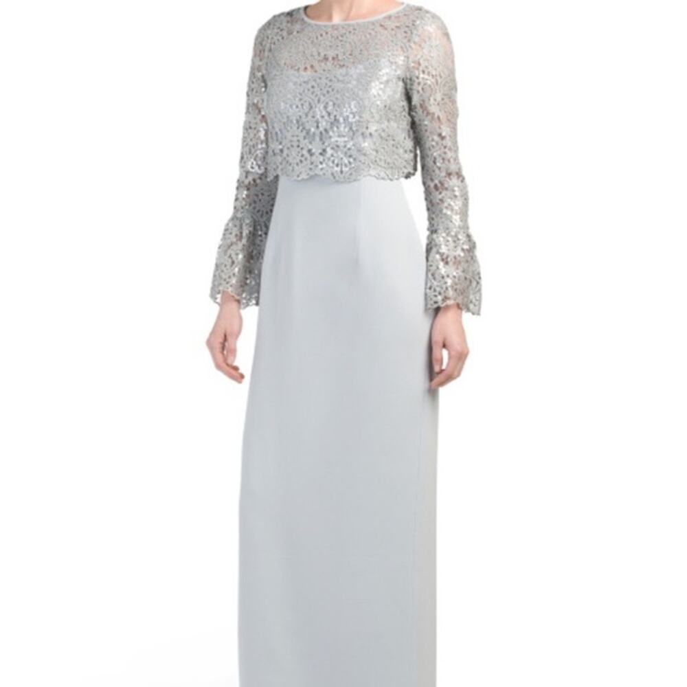 Teri Jon Rickie Freeman Gray Silver Lace Bell Sleeve Long Slip Formal Dress 2